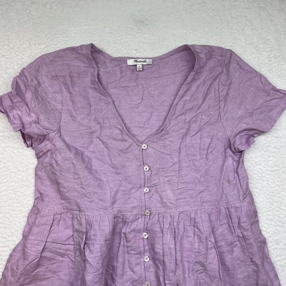 Madewell | Linen Blend Alexandra Button Front V Neck Mini Dress Lilac Lavender S - Picture 3 of 10
